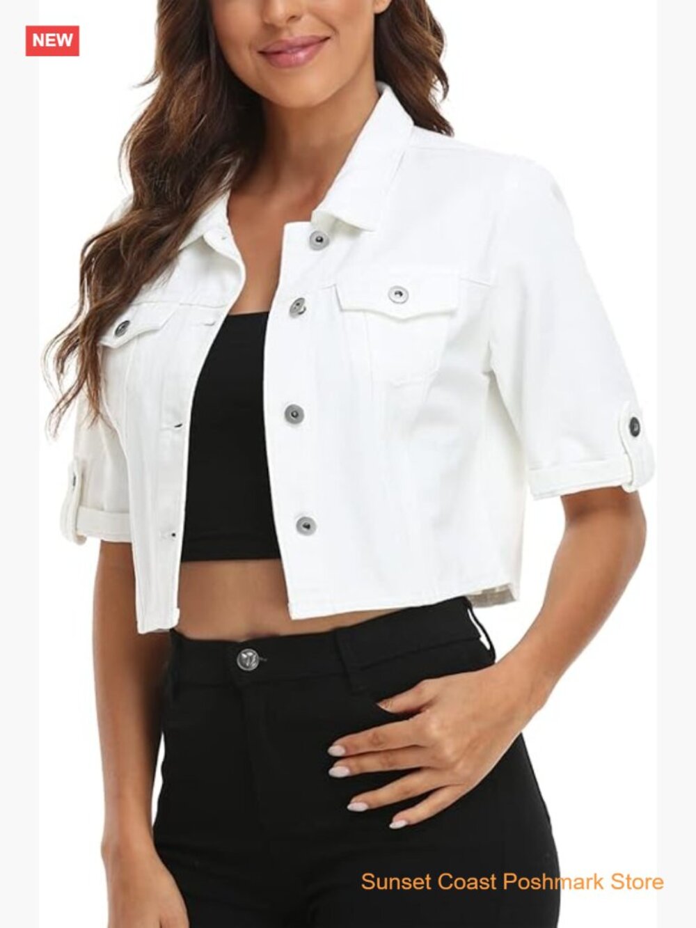 Cropped Denim Jacket Short Sleeve Button Front Classic Casual Jean Jacket